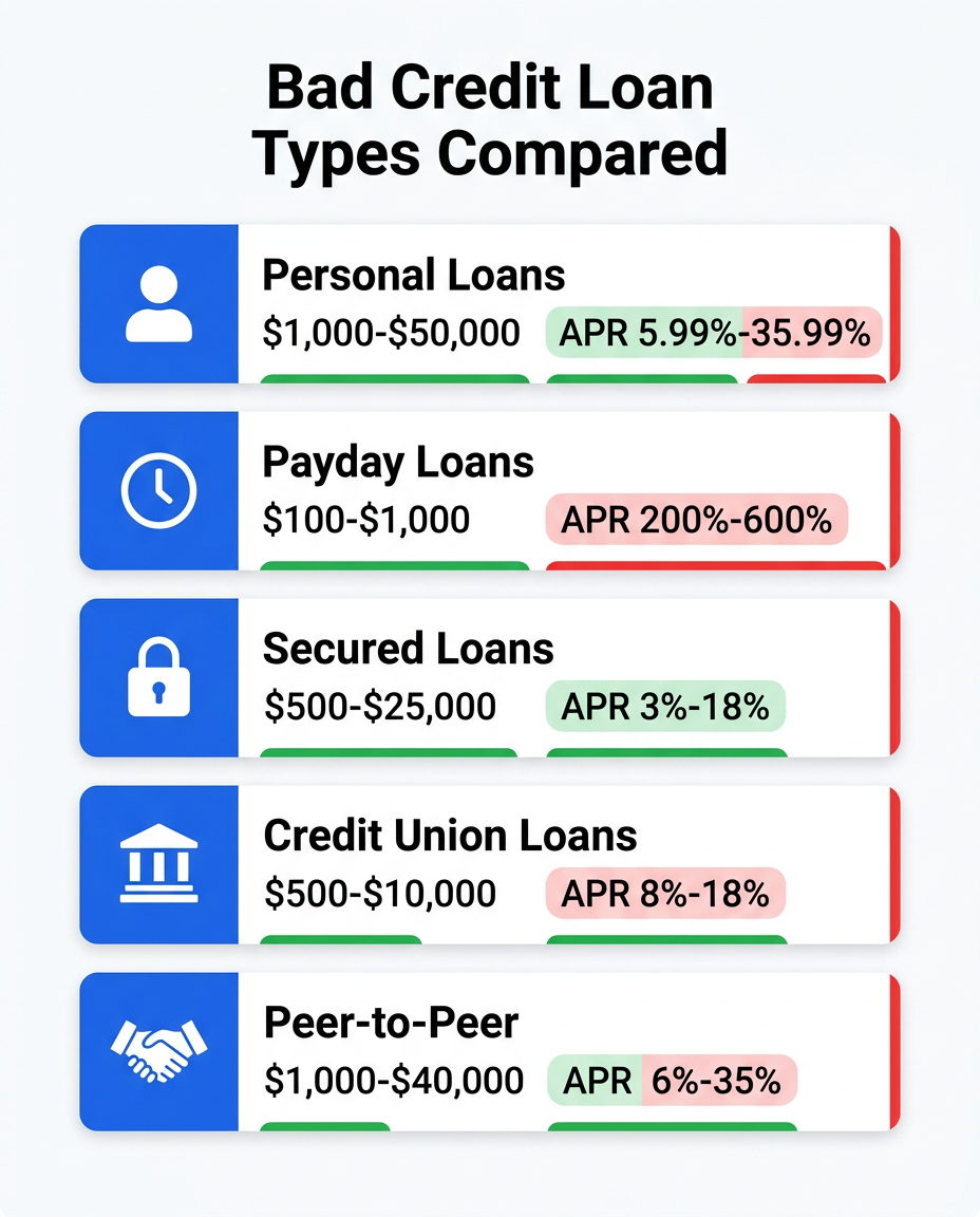 Infographic comparing 5 types of bad credit loans with APR ranges and amounts