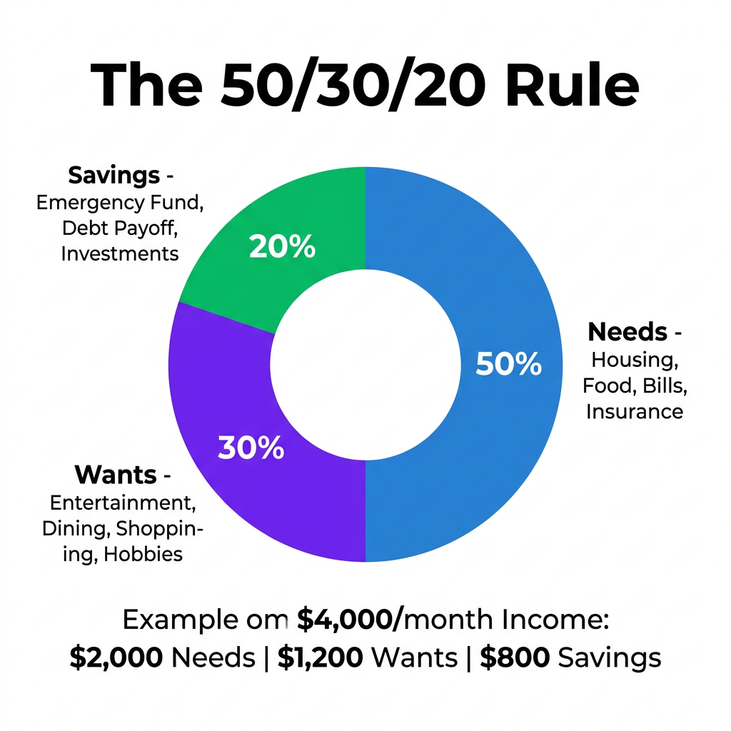 The 50/30/20 budgeting rule breakdown showing needs, wants, and savings percentages