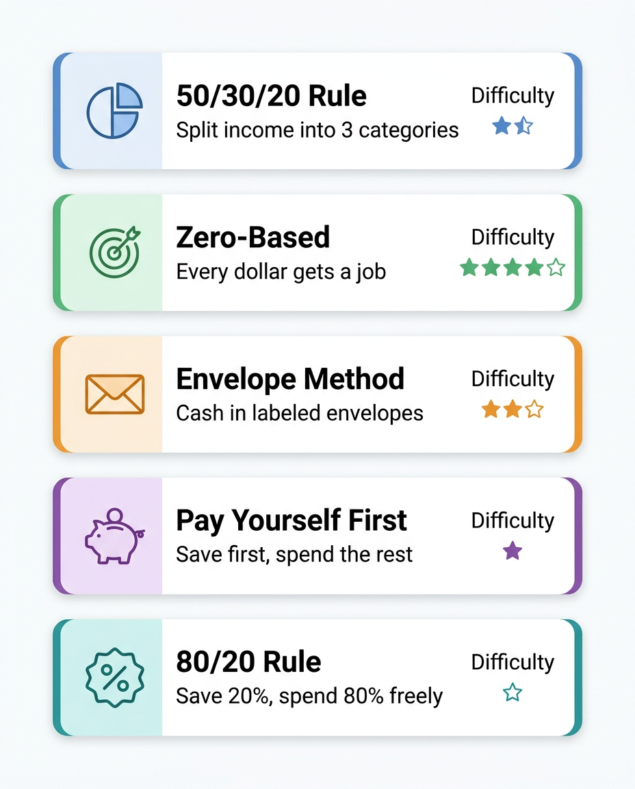 Comparison of 5 popular budgeting methods with difficulty levels