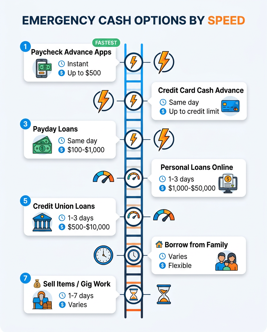 Emergency cash options ranked by speed from instant to one week