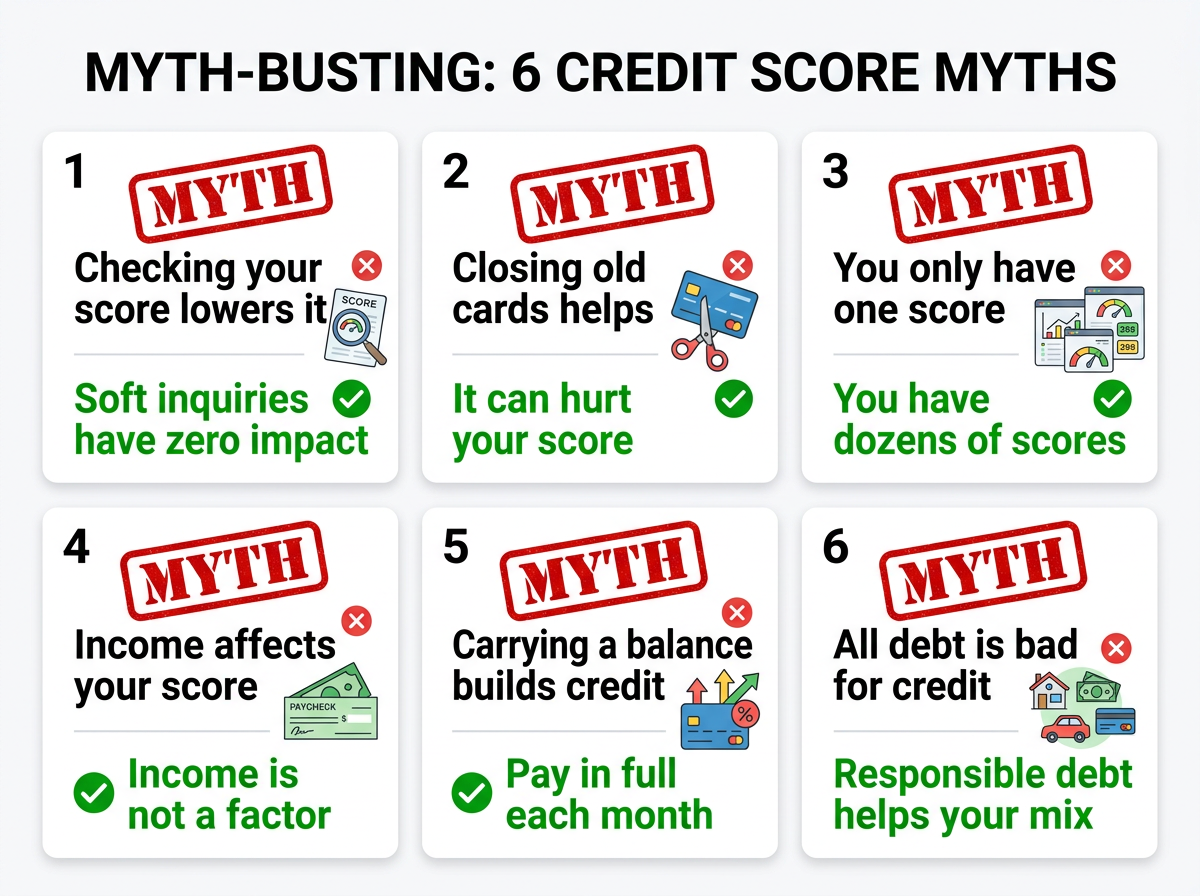 6 common credit score myths debunked with true and false labels