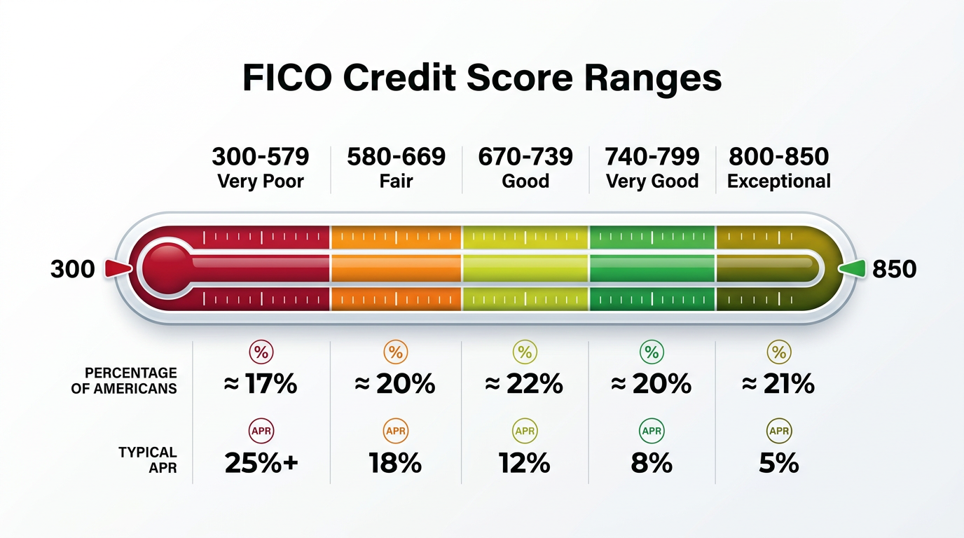 Credit score ranges from 300 to 850 showing poor, fair, good, and excellent ratings