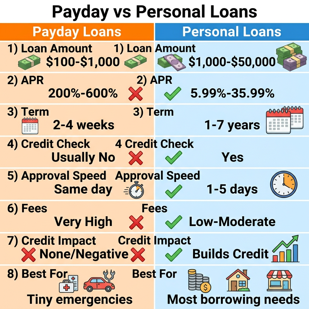 Side-by-side comparison of payday loans and personal loans features