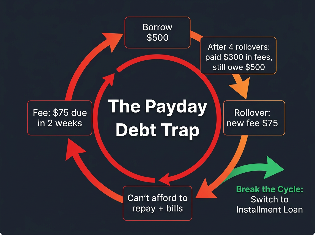 The payday loan debt cycle showing how rollovers trap borrowers
