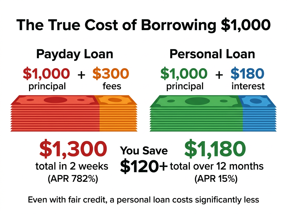 True cost comparison showing how much you pay back on a $1000 payday loan vs personal loan
