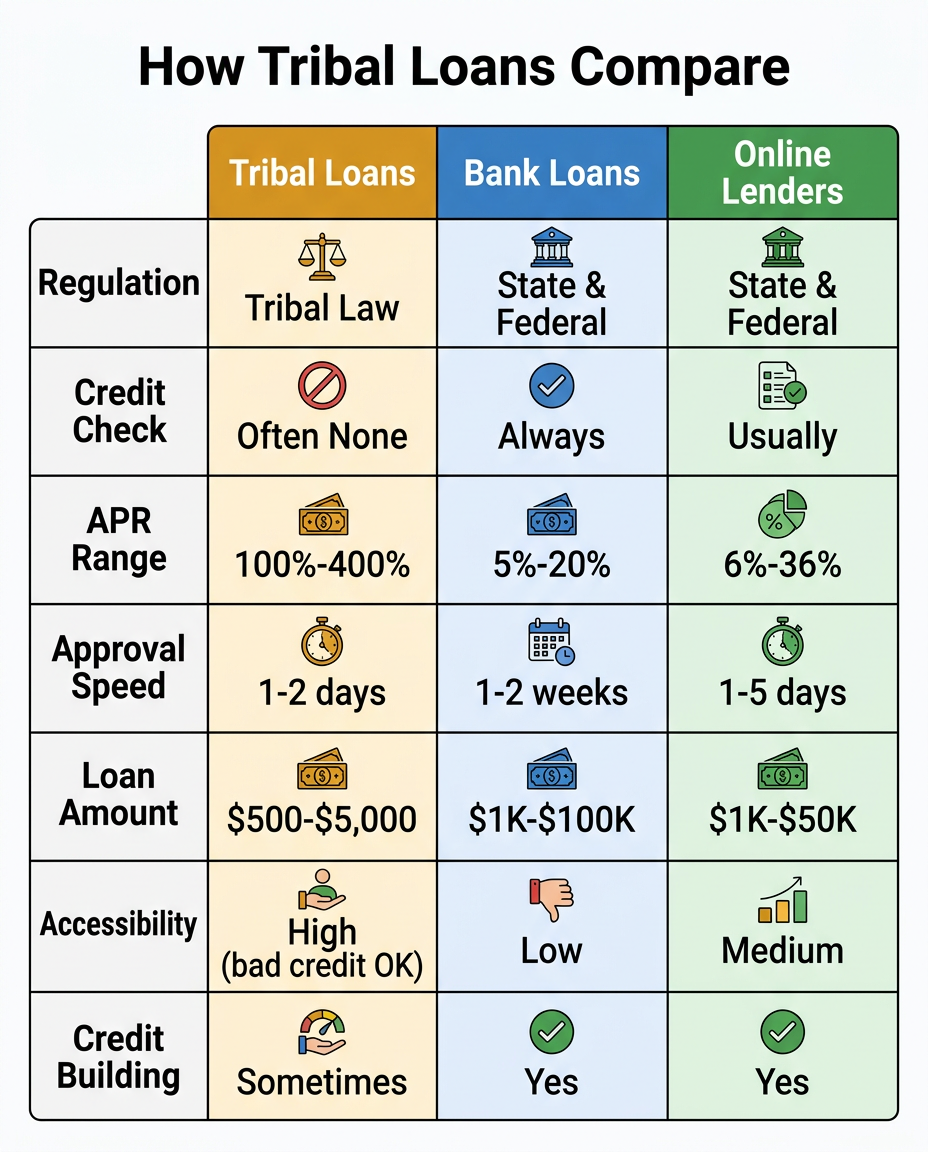 Comparison of tribal loans versus bank loans and online lenders