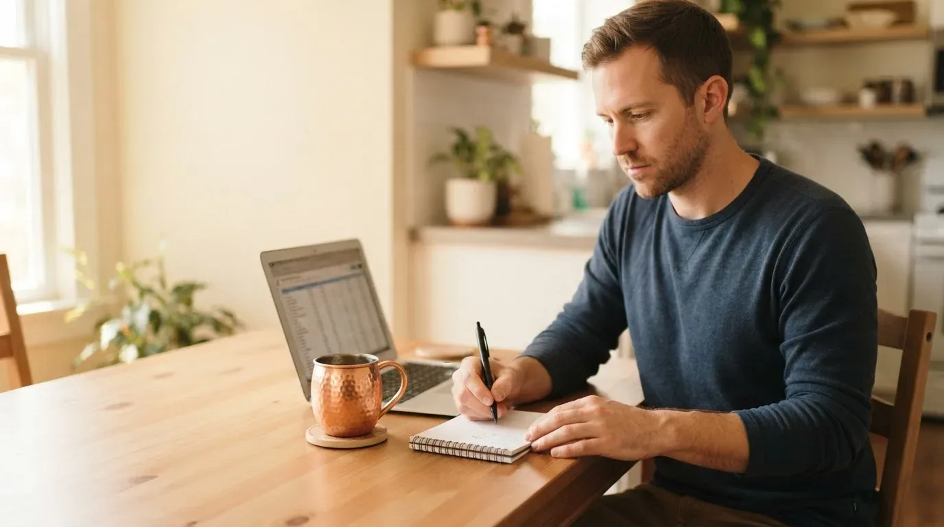 Person reviewing $1,000 loan offers and monthly payments at a kitchen table