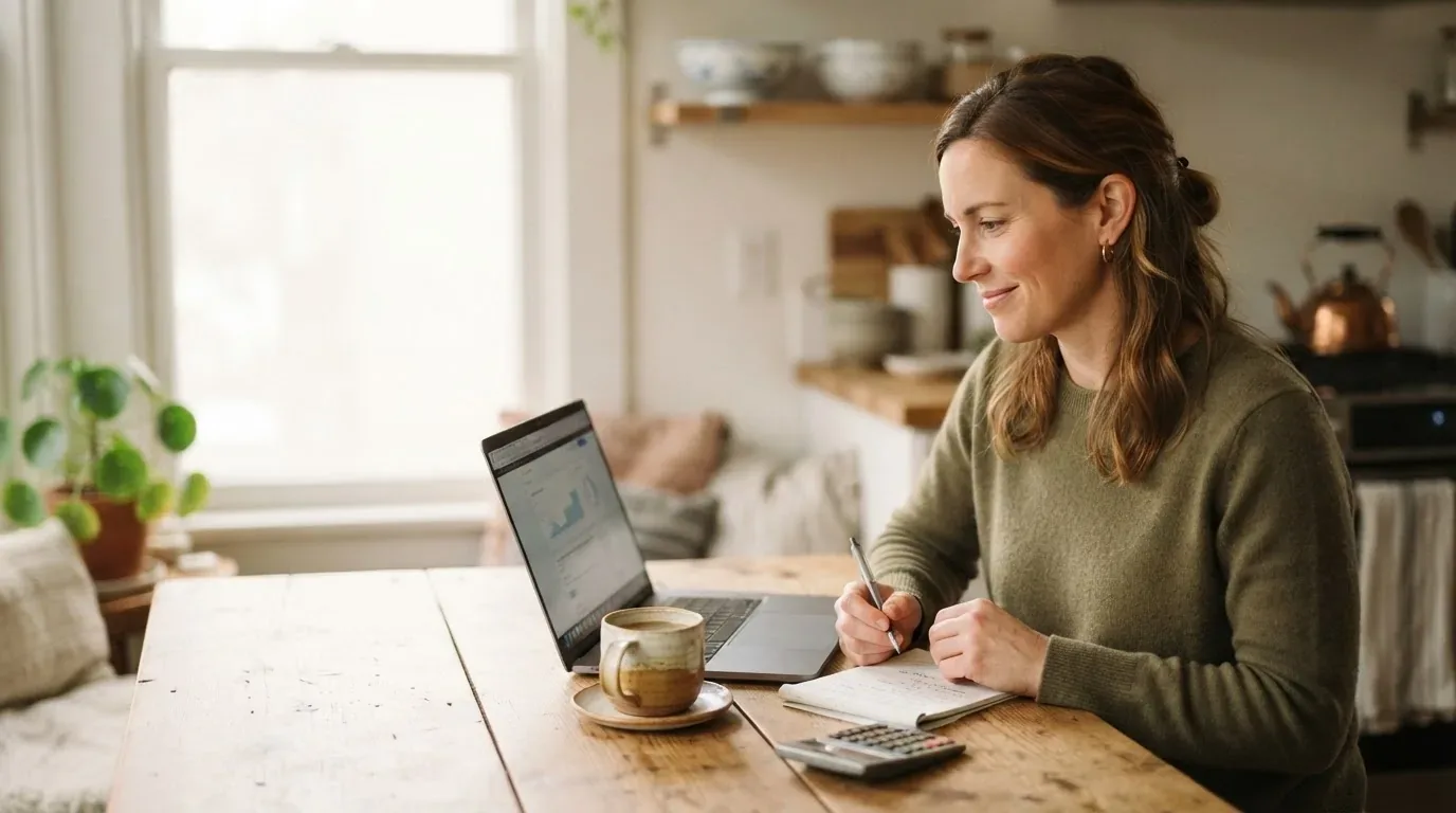 Person reviewing a $5,000 personal loan offer and monthly payment on a laptop at a kitchen table