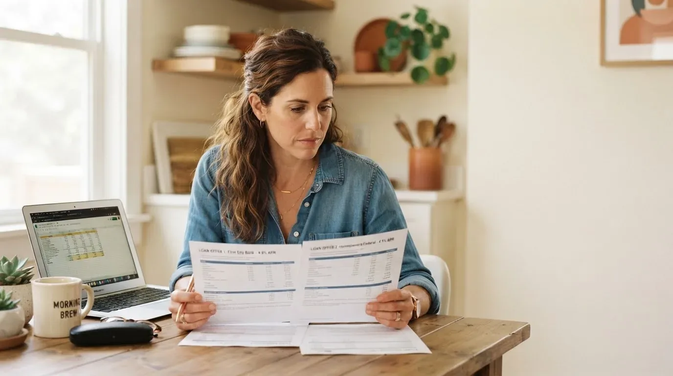 Person comparing debt consolidation loan offers on a laptop at a kitchen table