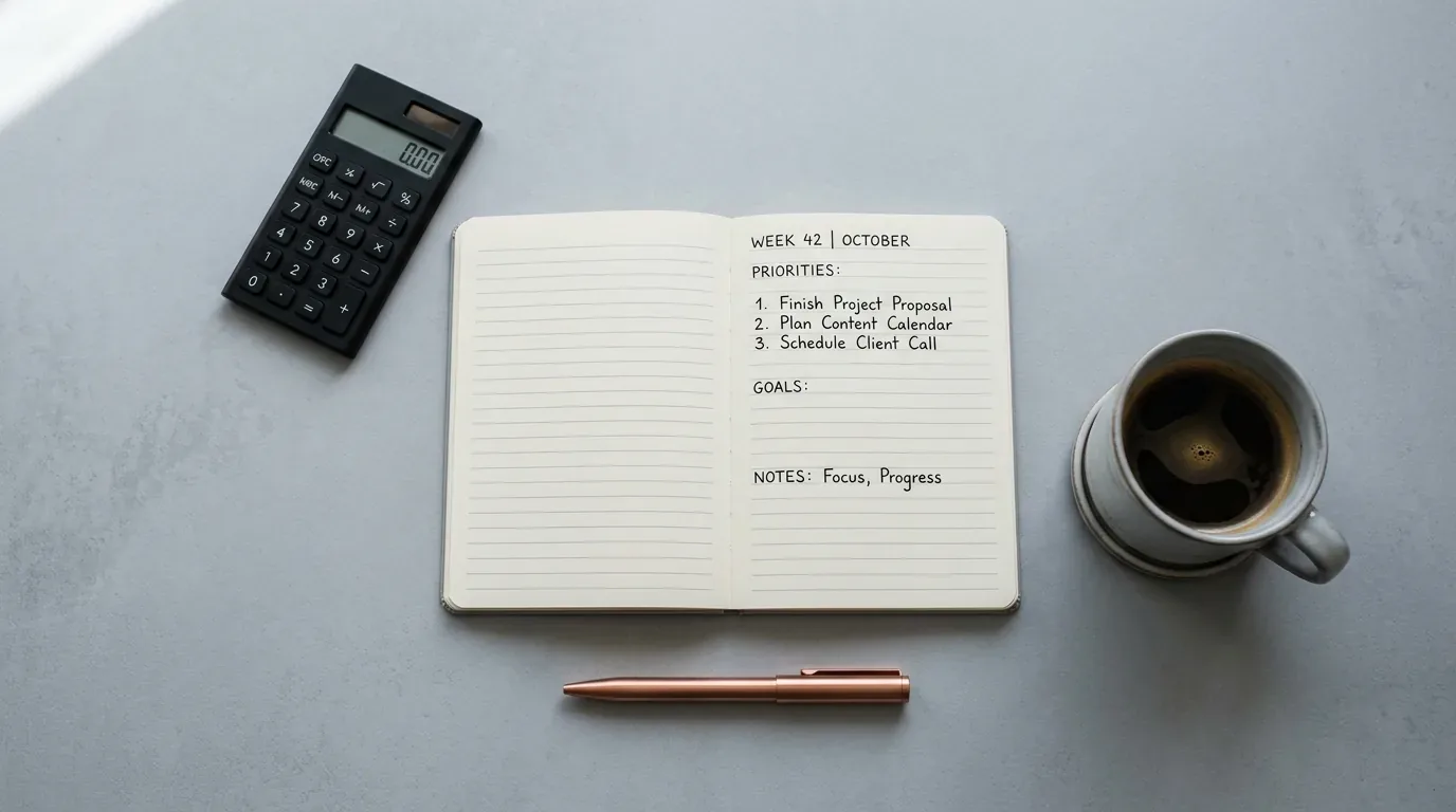 Budgeting notebook, calculator and coffee laid out on a desk