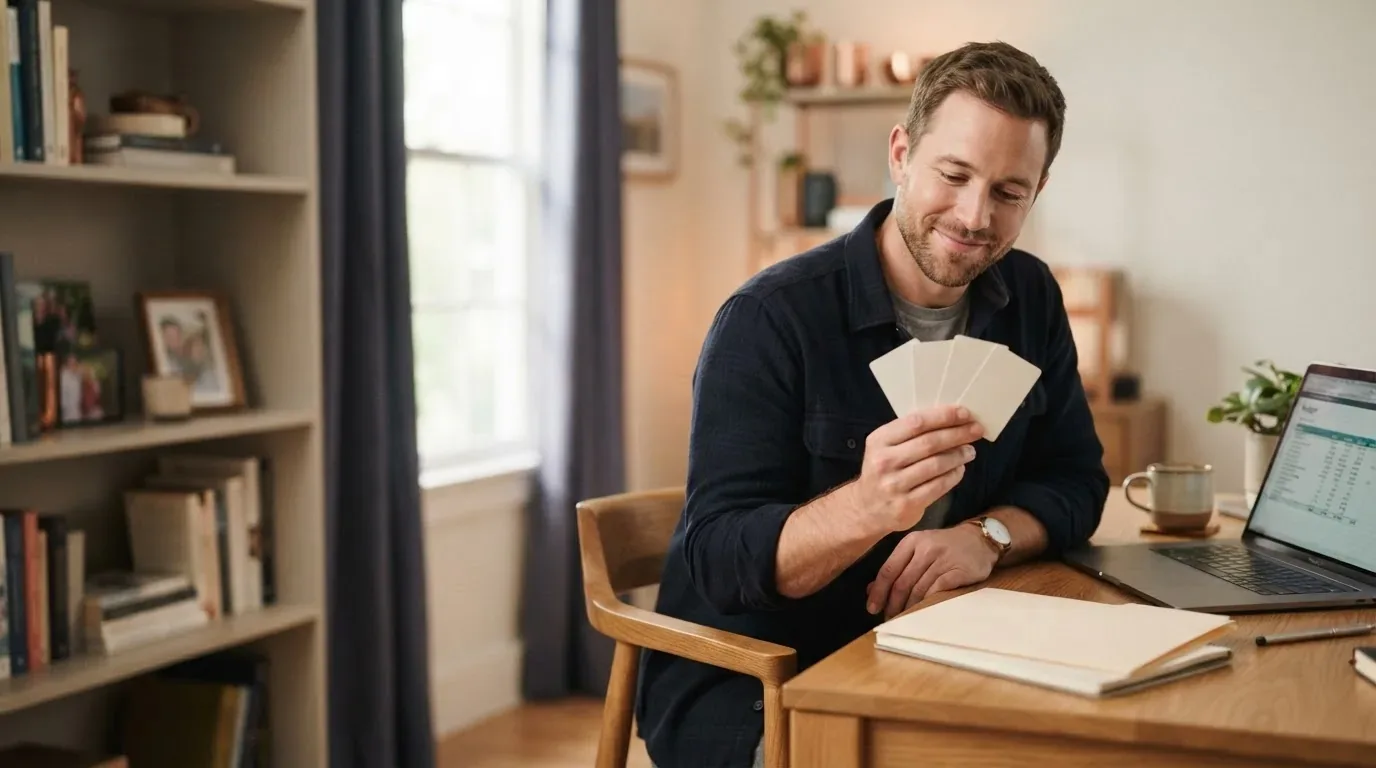 Person consolidating several credit card balances into one at a home desk