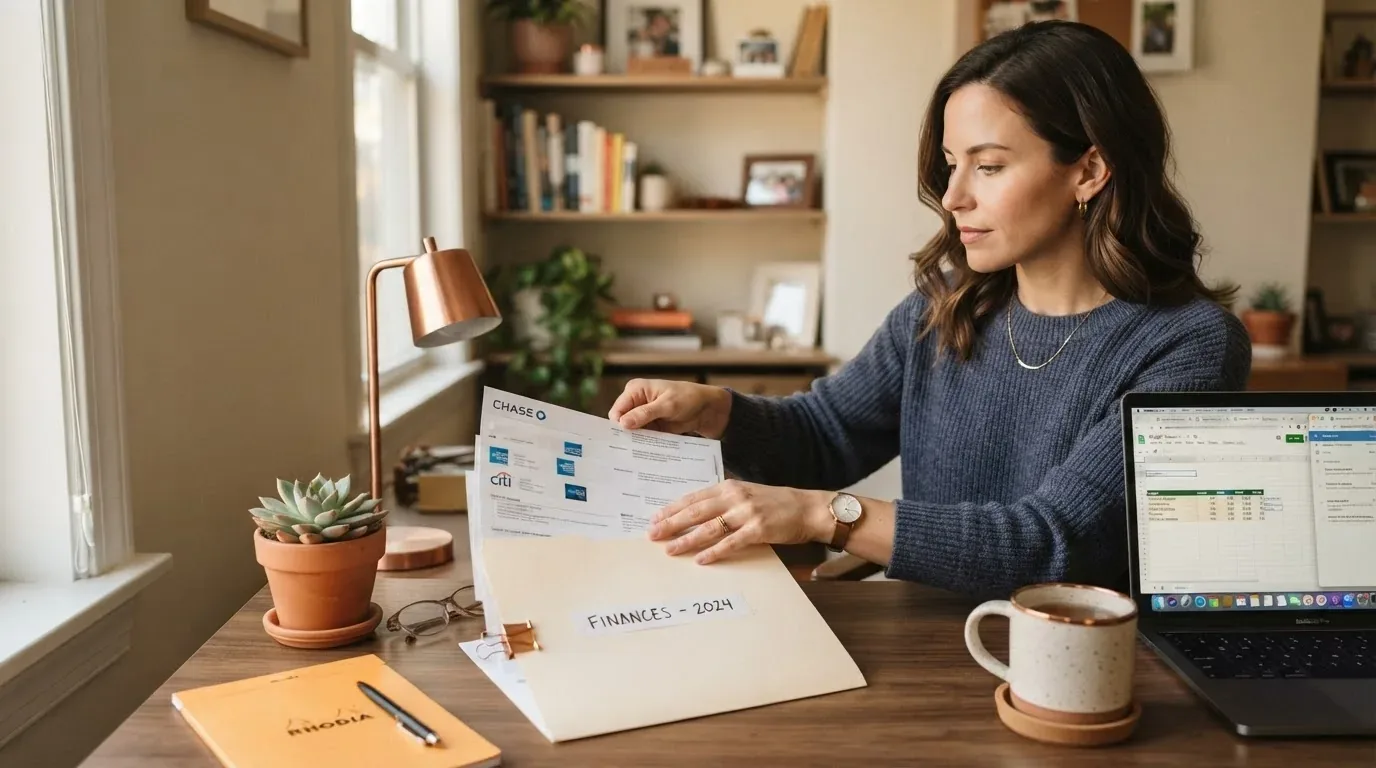 Person consolidating credit card debt on a laptop with statements at home