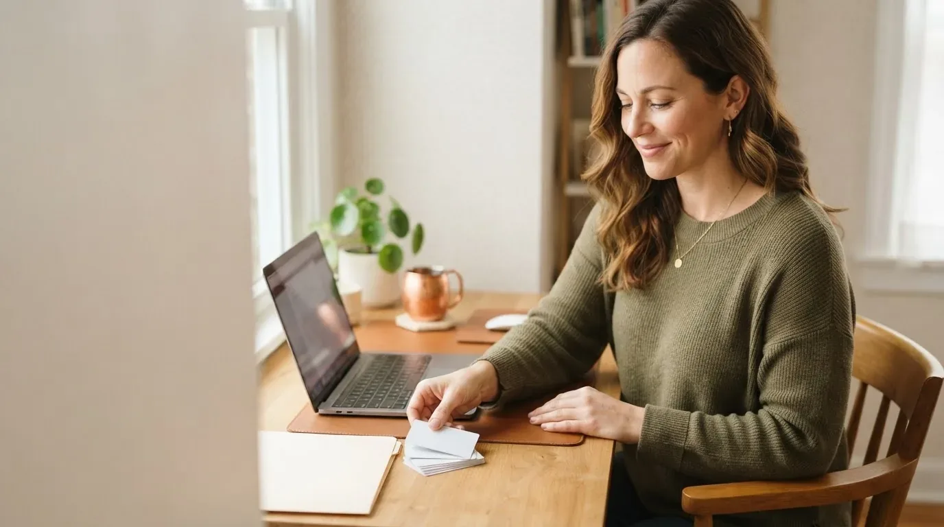 Relieved person paying off several credit cards with a personal loan on a laptop at home