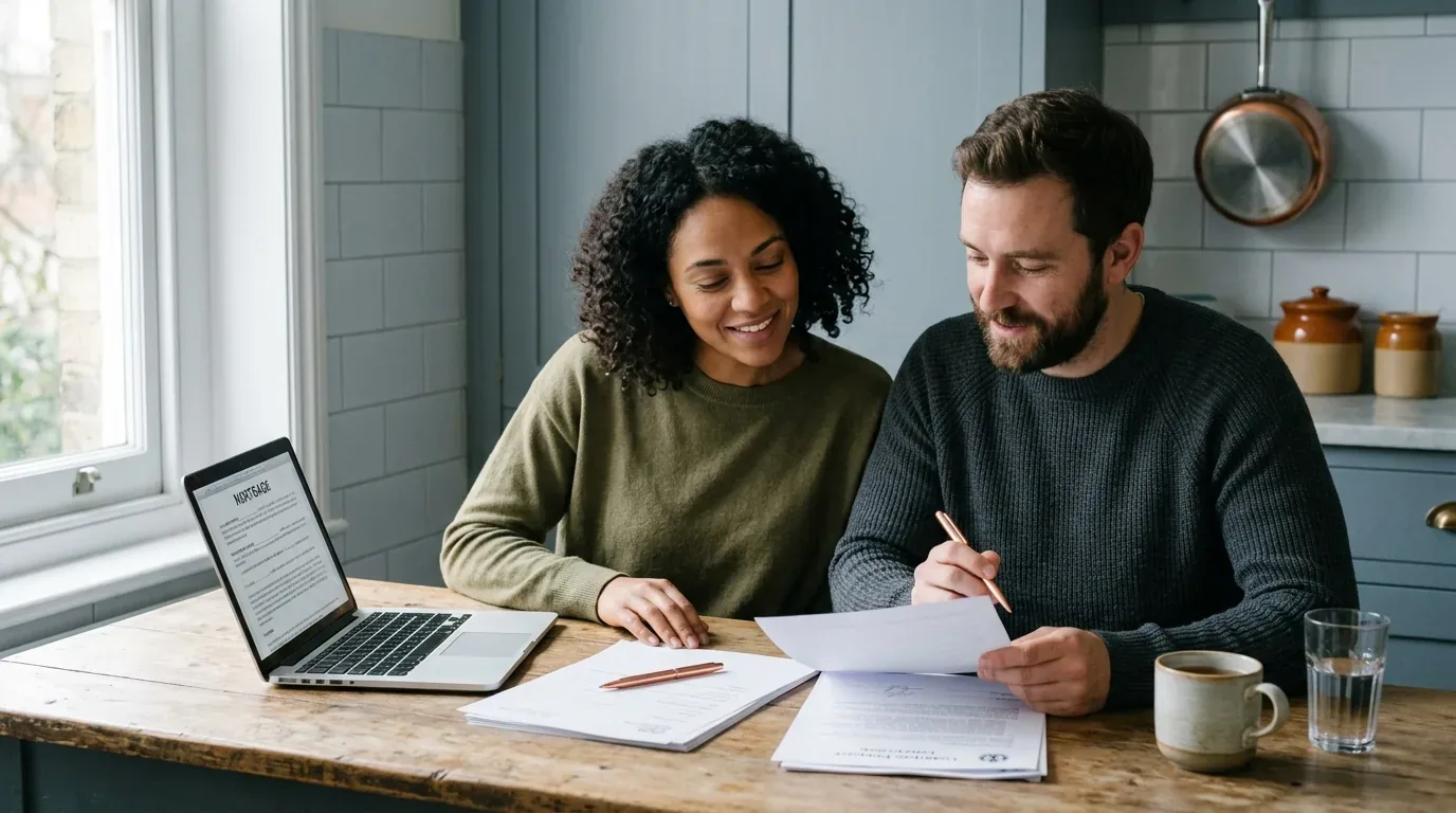 Indiana couple reviewing loan paperwork together at a kitchen table