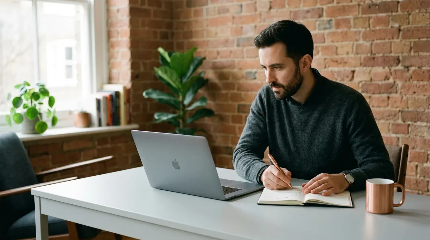 Massachusetts man reviewing loan terms on a laptop at a home desk