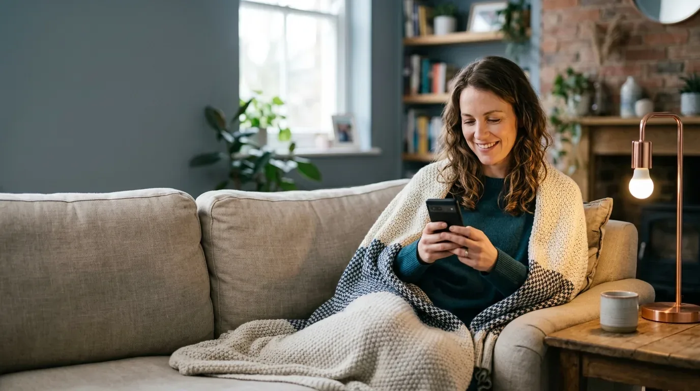 Minnesota borrower checking a loan-approval notification on a phone on a sofa