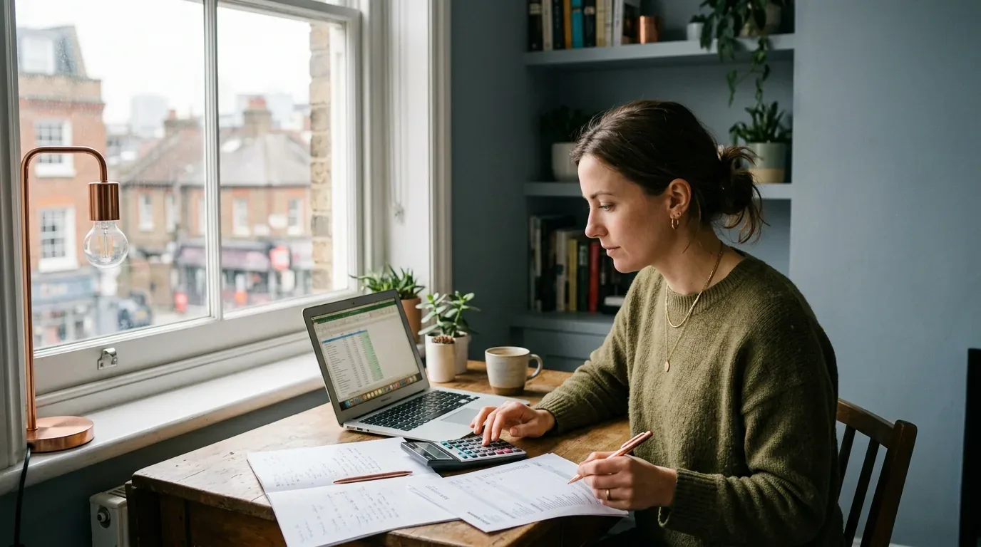 New York borrower reviewing finances on a laptop at an apartment desk