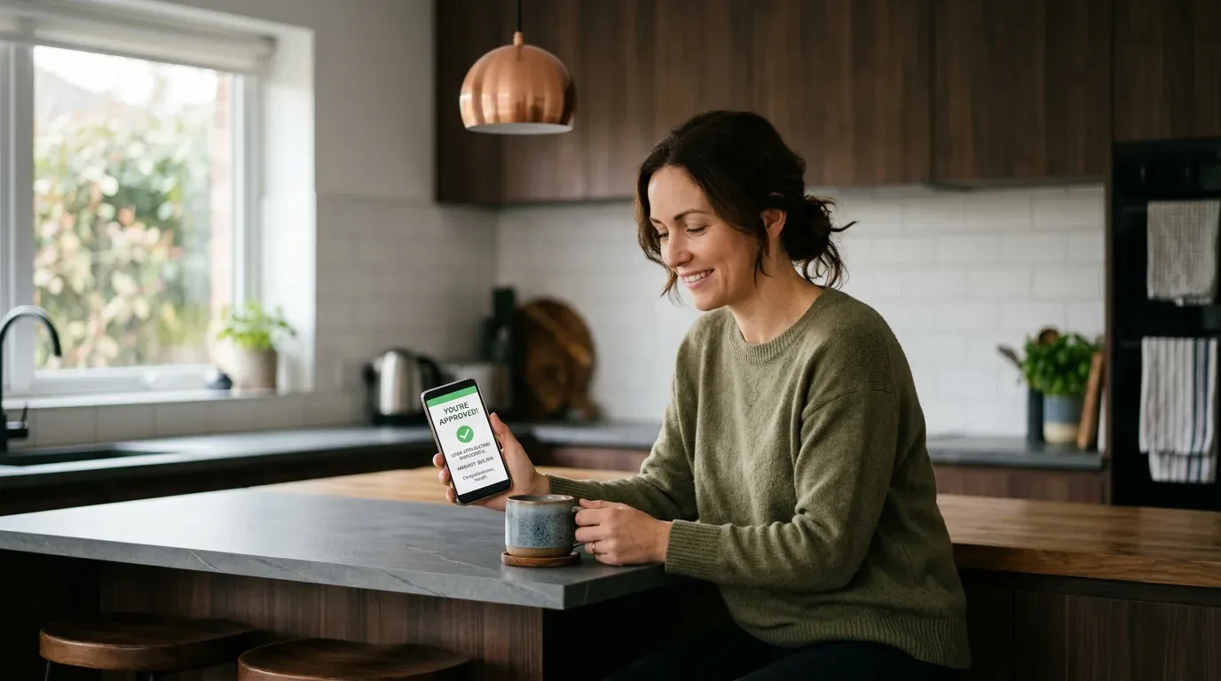 Oklahoma borrower checking a loan-approval screen on a phone at a kitchen counter