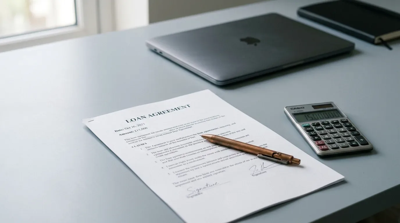 Open loan agreement and a calculator with a copper pen on a porcelain-grey desk