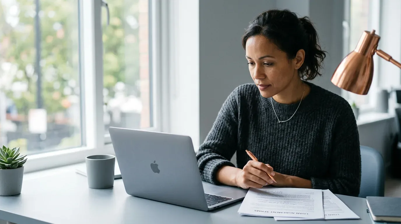 Texas borrower reviewing tribal loan documents with a laptop at a home desk