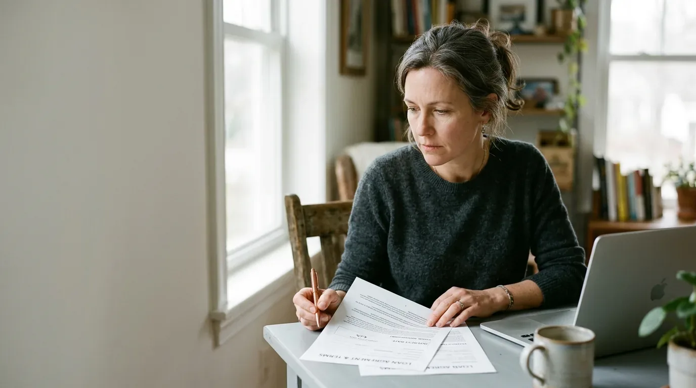Virginia woman carefully reading a printed loan document at a home desk