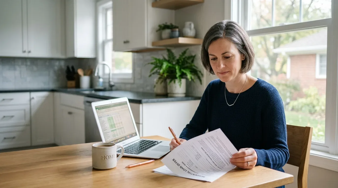 Wisconsin woman in her 40s reviewing a printed loan offer beside a laptop at a kitchen table