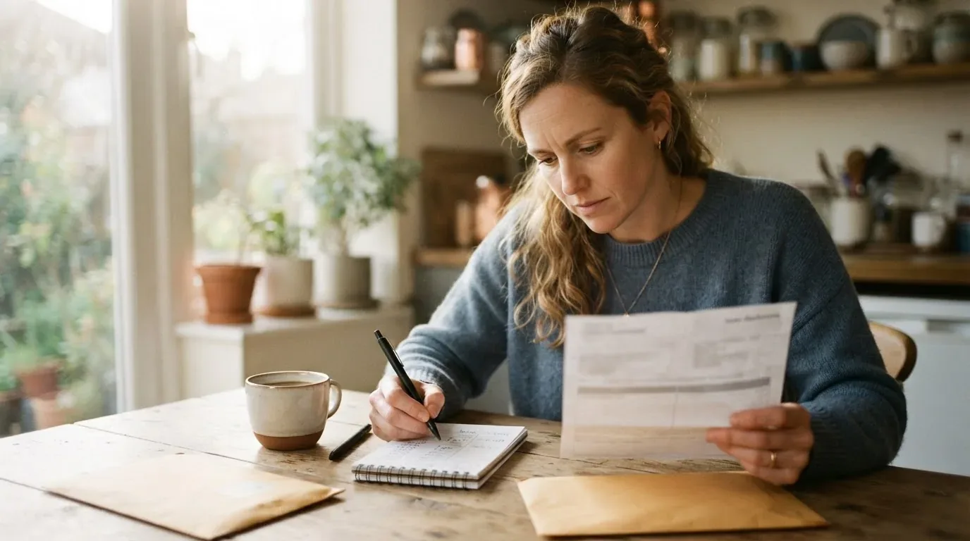 Woman at a kitchen table checking a loan statement against her own handwritten figures