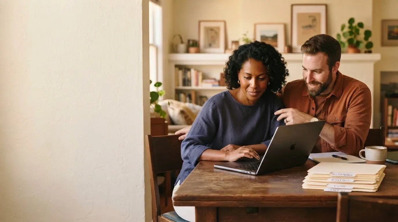 Couple reviewing debt consolidation loan options together on a laptop at home