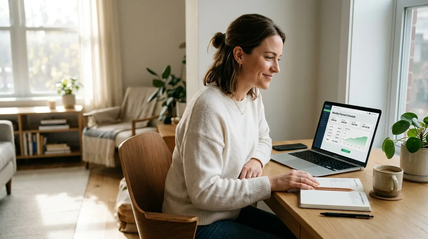A borrower reviewing a flexible monthly installment loan schedule online