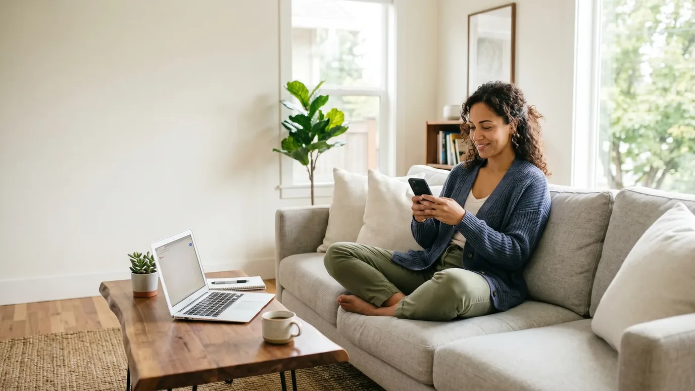 Person getting a loan online from home on a smartphone — no store visit needed