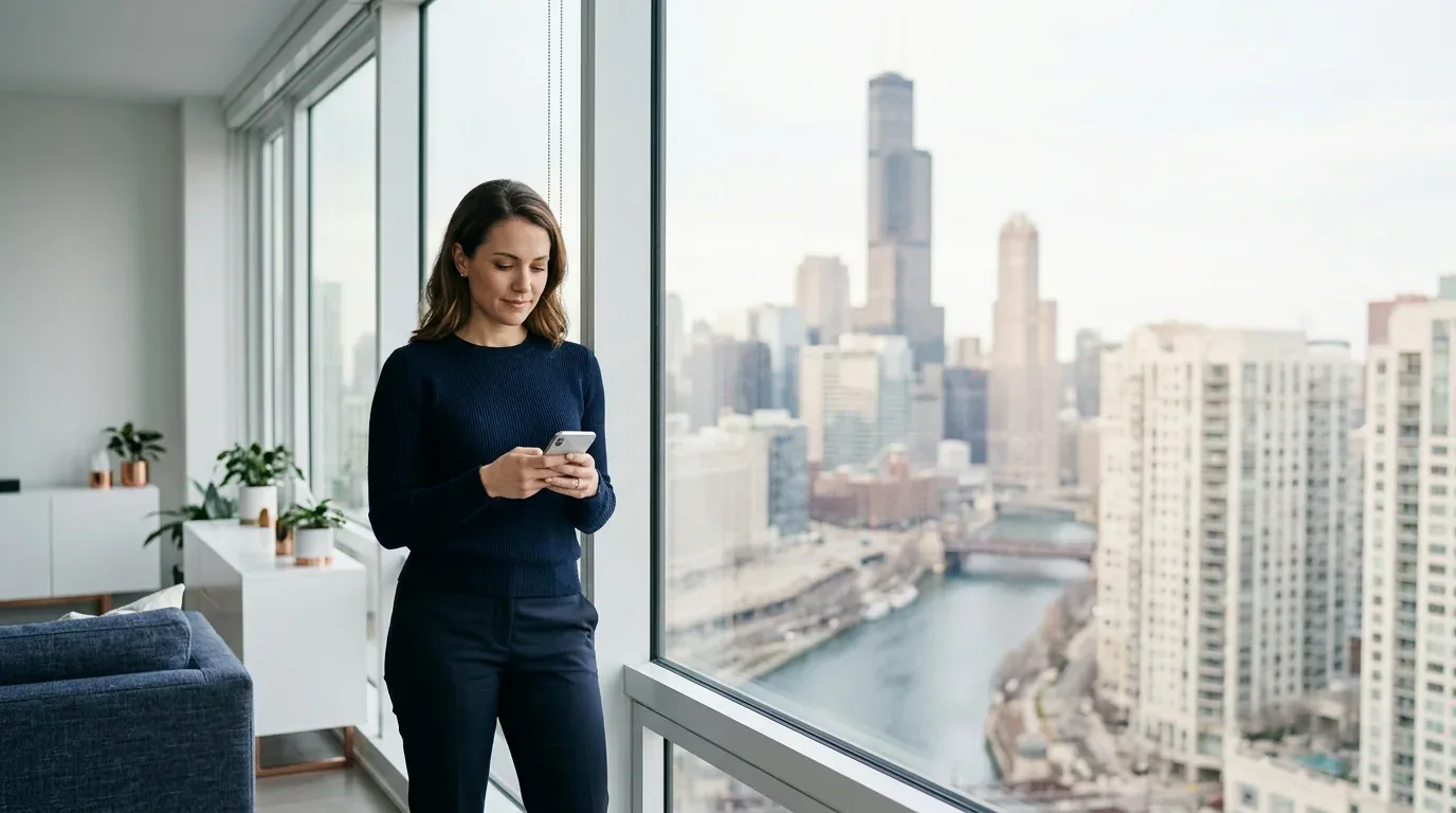 Chicago resident applying for a loan online on a phone with the city skyline in the background