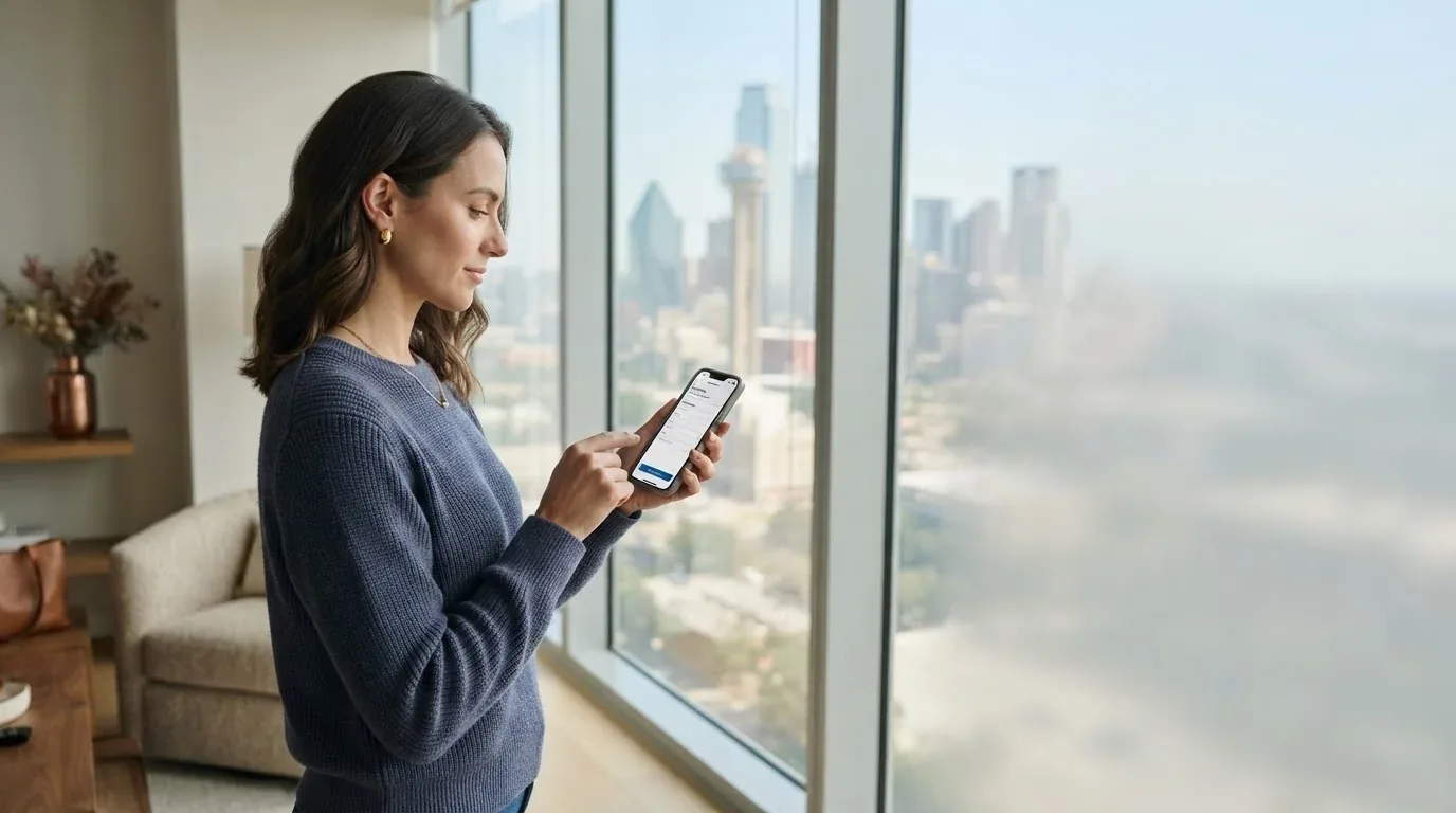 Dallas resident applying for a loan online on a phone with the city skyline in the background