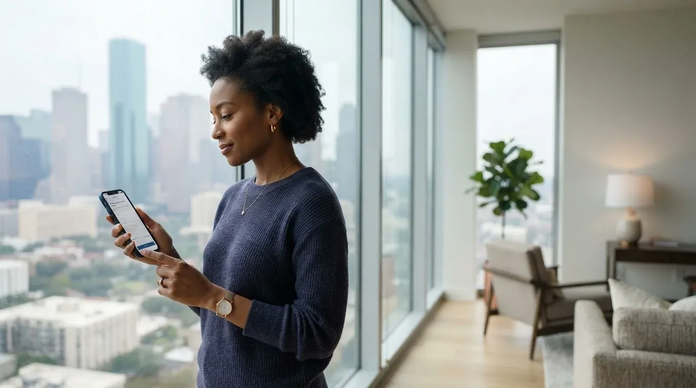 Houston resident applying for a loan online on a phone with the city skyline in the background