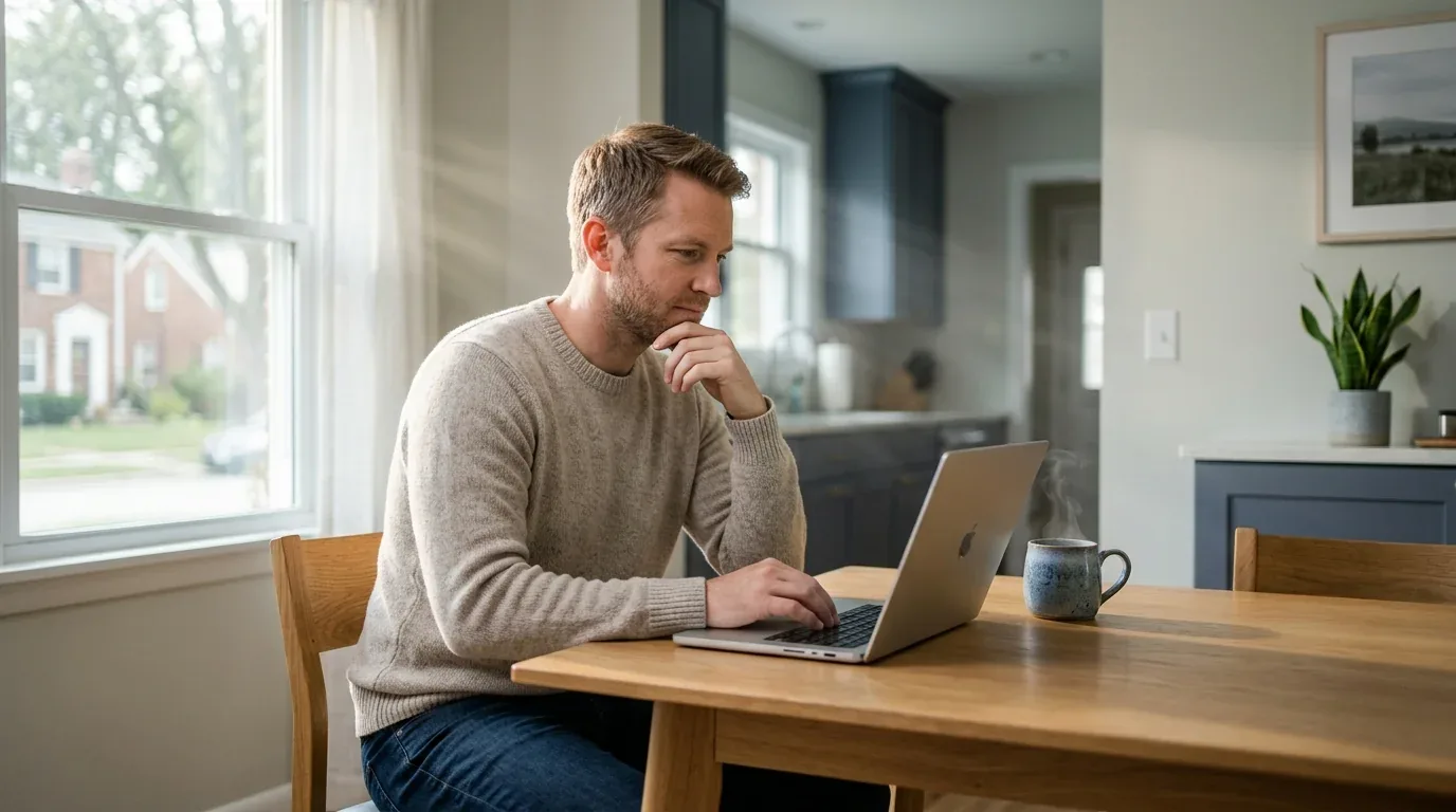 Illinois resident comparing online loan options on a laptop at a kitchen table