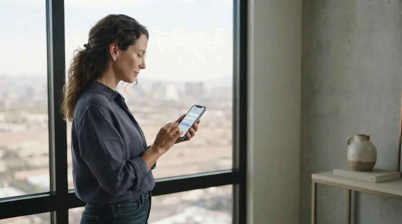 Las Vegas resident applying for a loan online on a phone with the city in the background