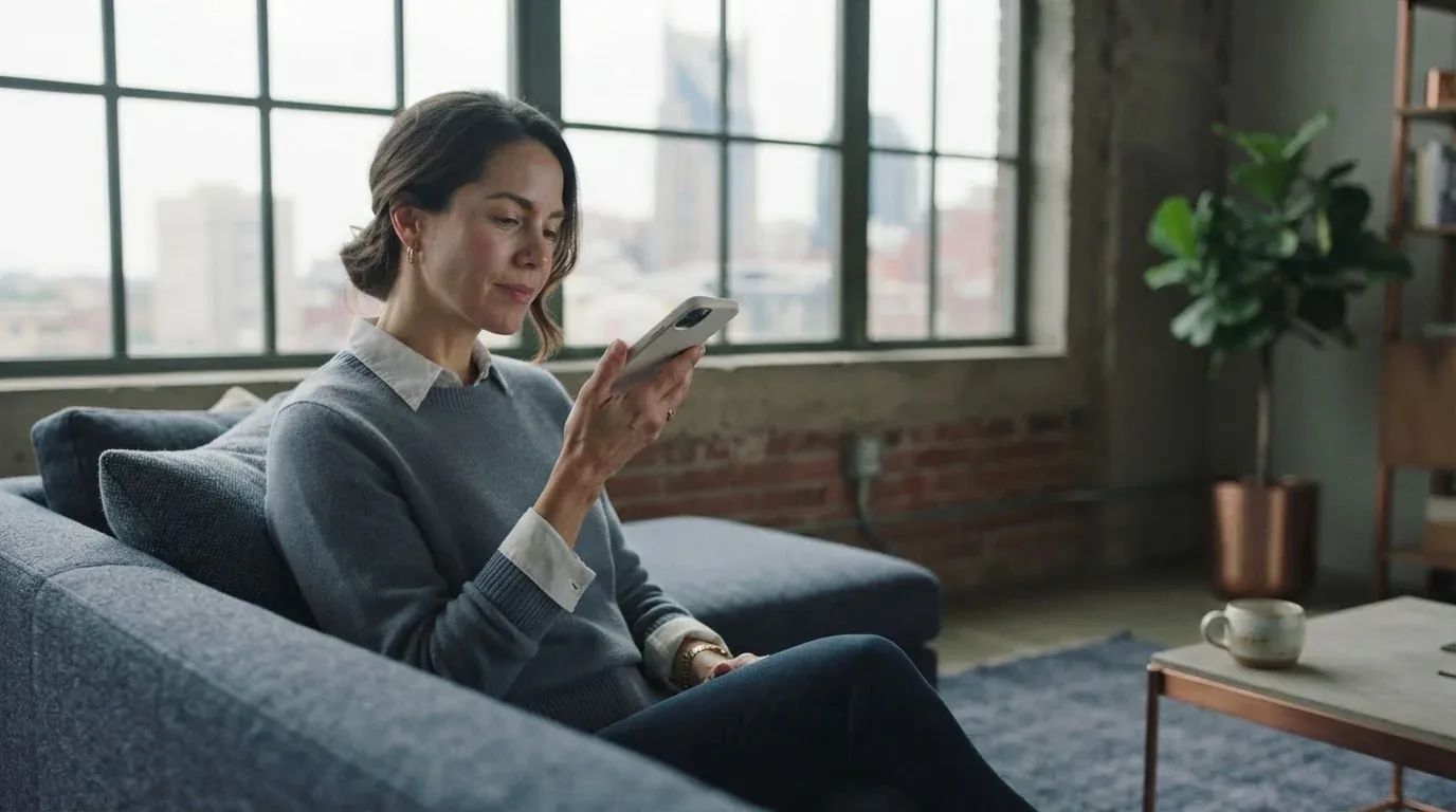 Nashville resident applying for a loan online on a phone with the city in the background