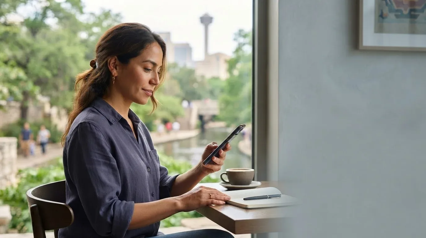 San Antonio resident applying for a loan online on a phone near the River Walk