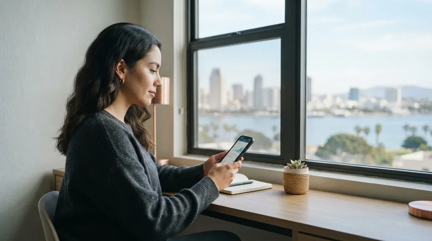 San Diego resident applying for a loan online on a phone