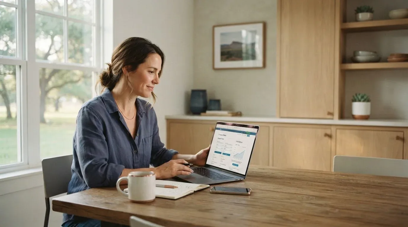 Texas resident comparing online loan options on a laptop at a kitchen table