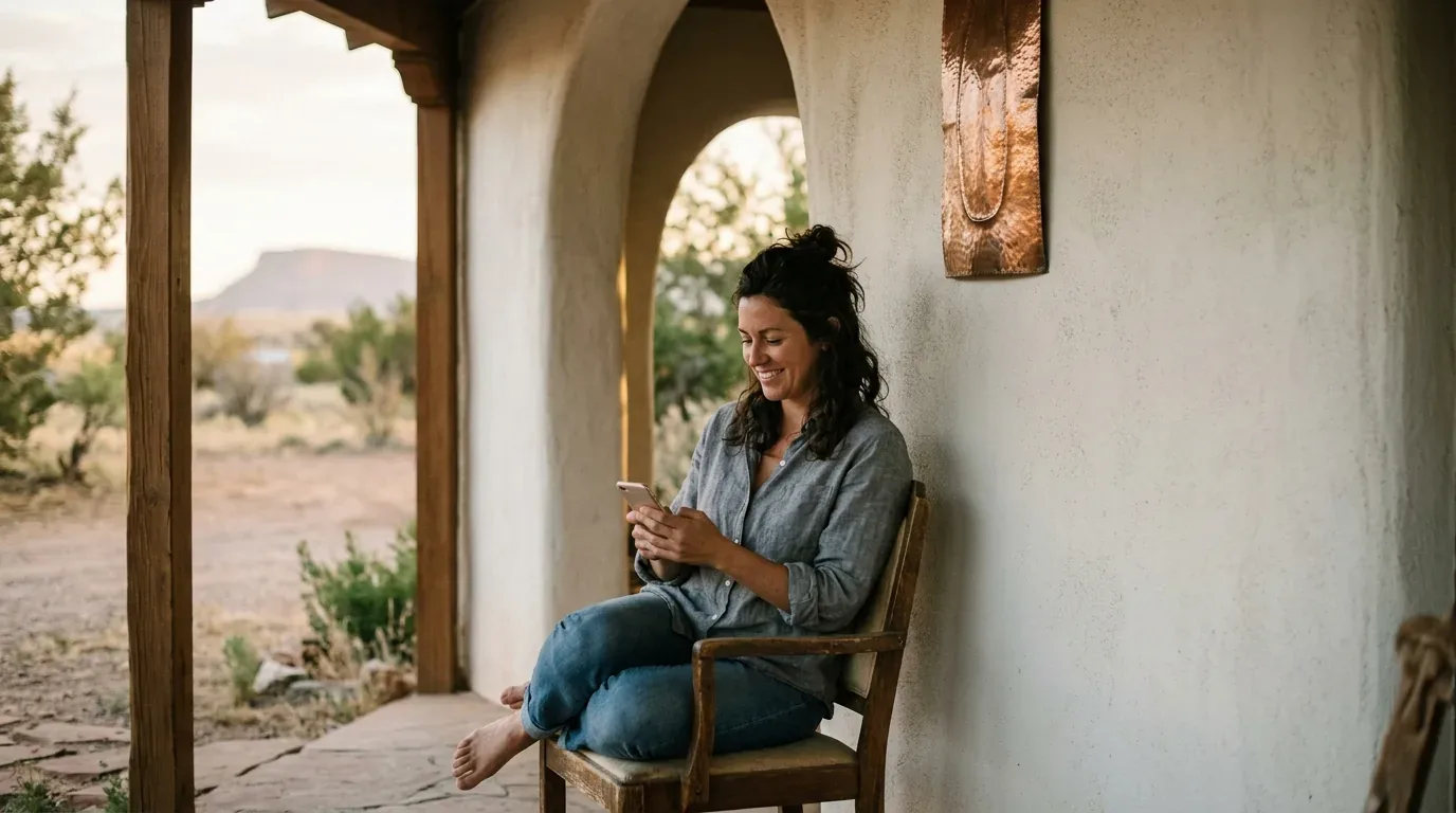 Arizona resident checking tribal loan options on a phone on a shaded porch