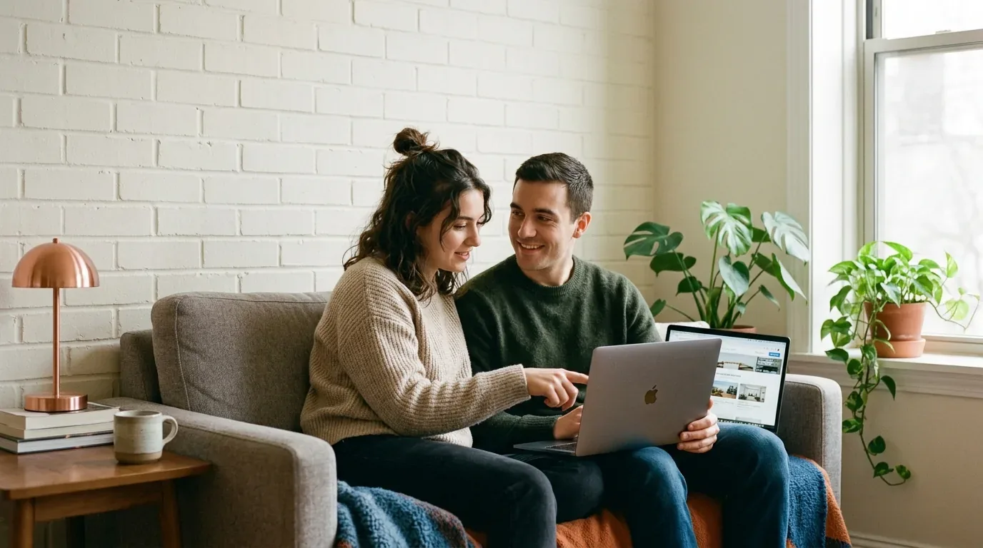 Couple reviewing debt consolidation loan options together on a laptop at home