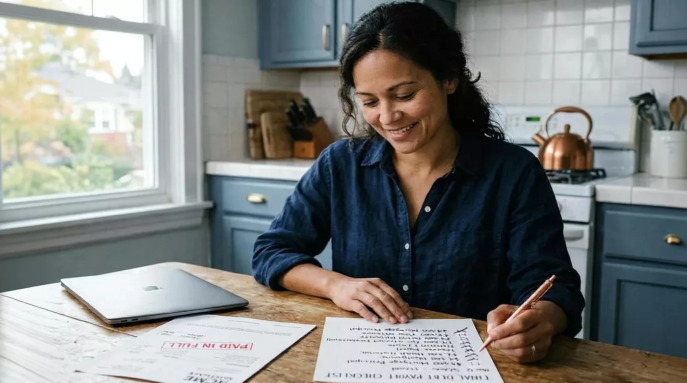 Relieved person crossing the final item off a tribal loan payoff checklist at a kitchen table