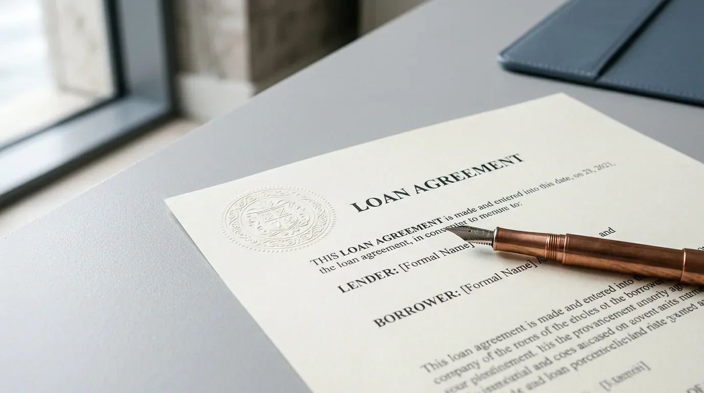 Formal tribal lending loan agreement with an embossed seal and a copper pen on a desk