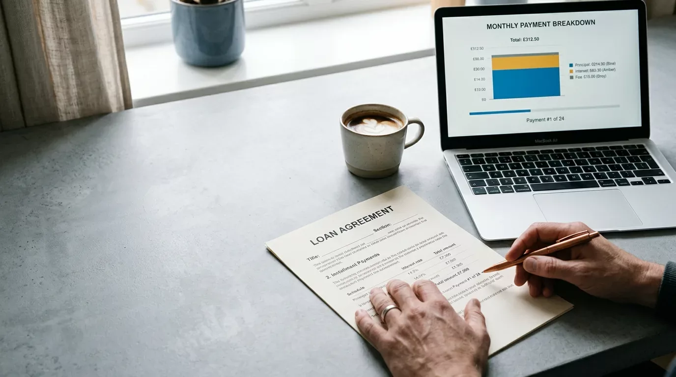 Open tribal loan agreement beside a laptop showing a monthly-payment breakdown on a desk