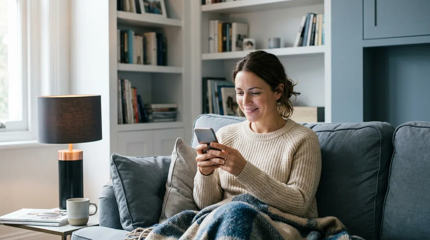Colorado borrower checking a tribal loan approval on a phone on a sofa