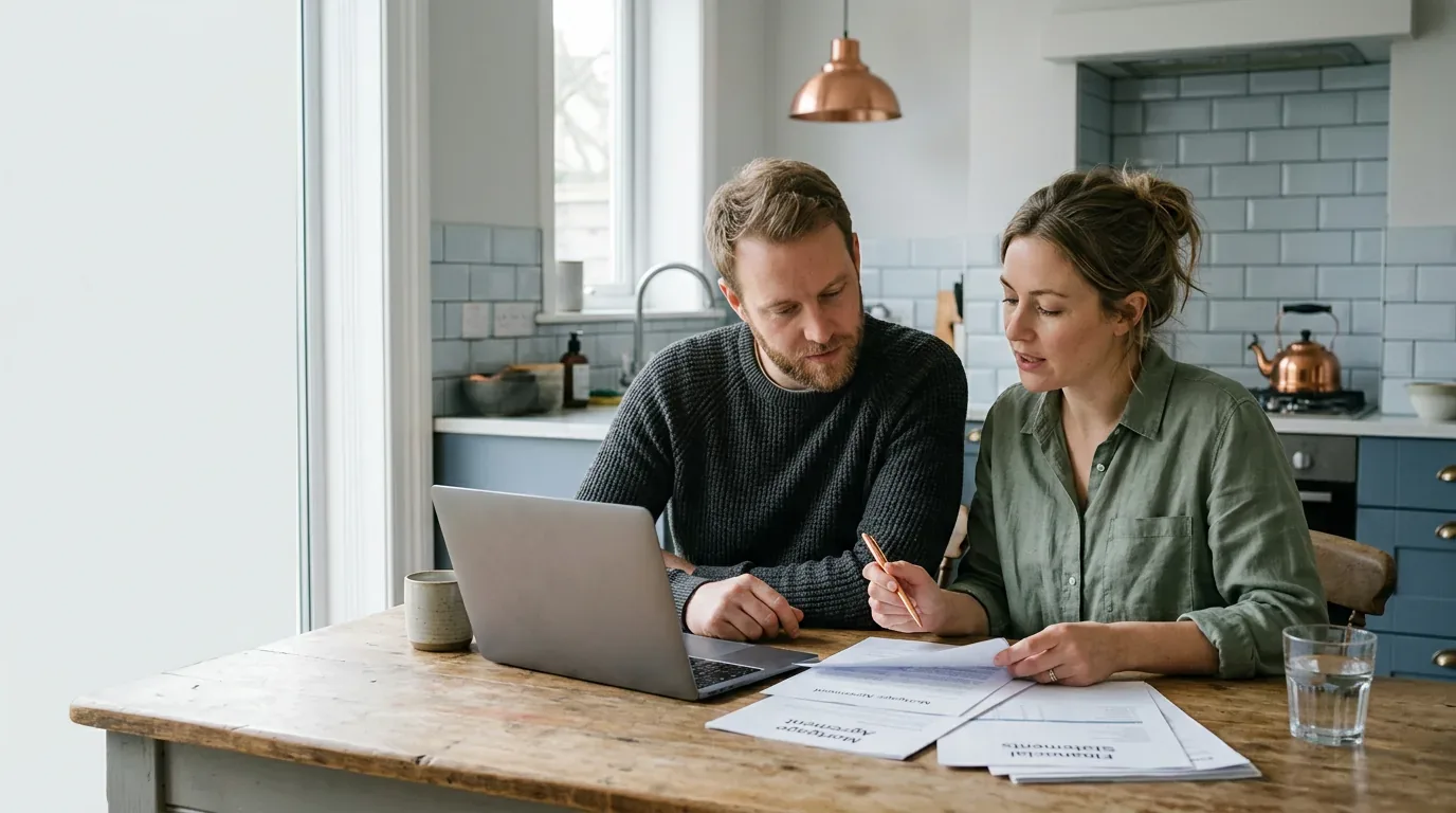 Maryland couple reviewing tribal loan paperwork together at a kitchen table