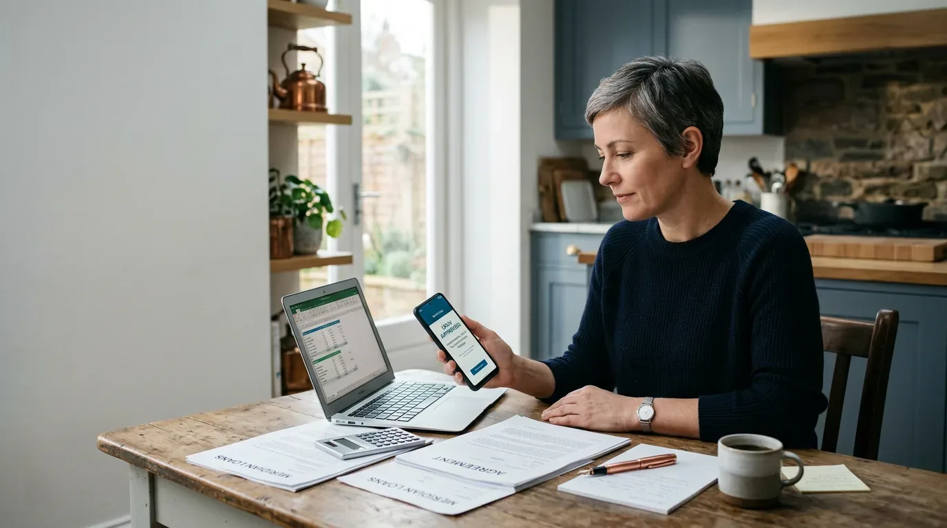 New Jersey borrower reviewing tribal loan documents with a calculator and laptop