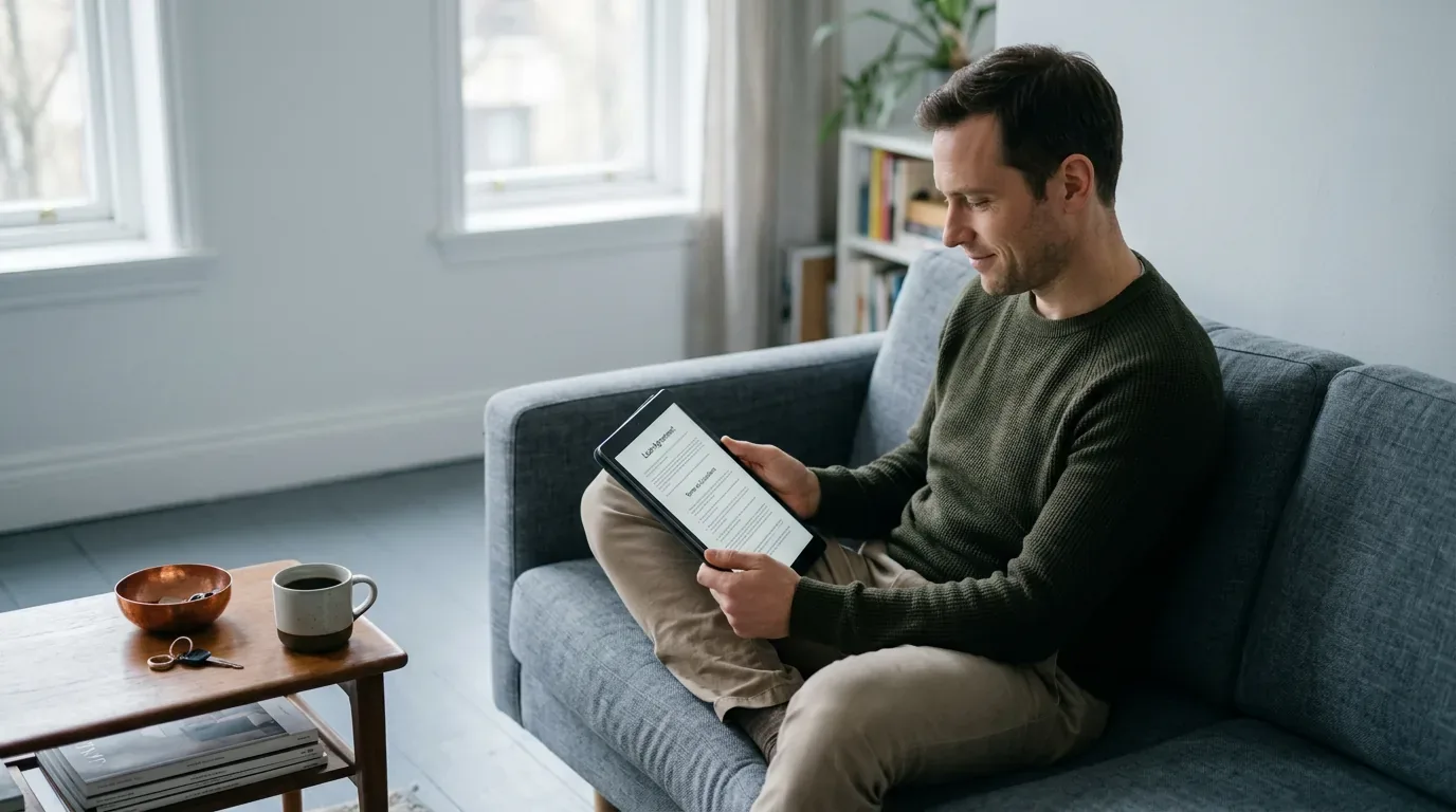 North Carolina borrower reviewing tribal loan terms on a tablet on a sofa