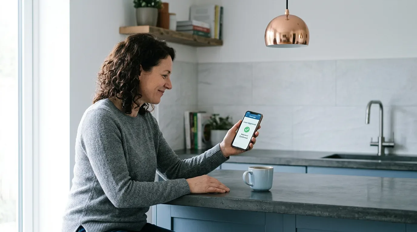 Ohio borrower viewing a tribal loan approval on a phone at a kitchen counter