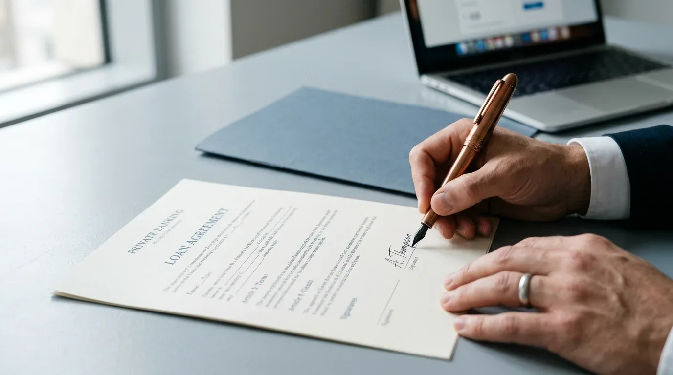 Hands signing a tribal loan agreement with a copper pen at a desk